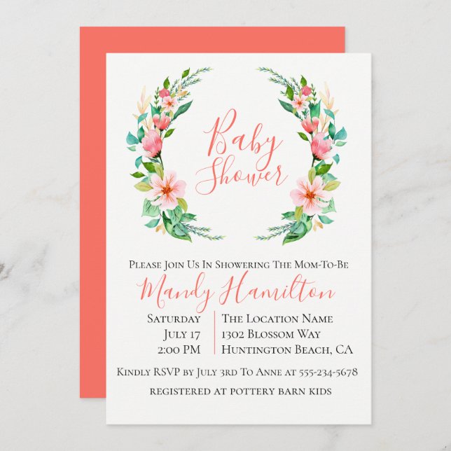 Invitation Baby shower de couronne de corail botanique (Devant / Derrière)