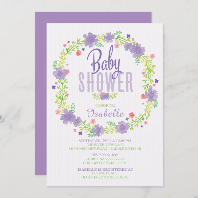 Invitation Baby shower de couronne de fleurs violet rose mode (Devant / Derrière)