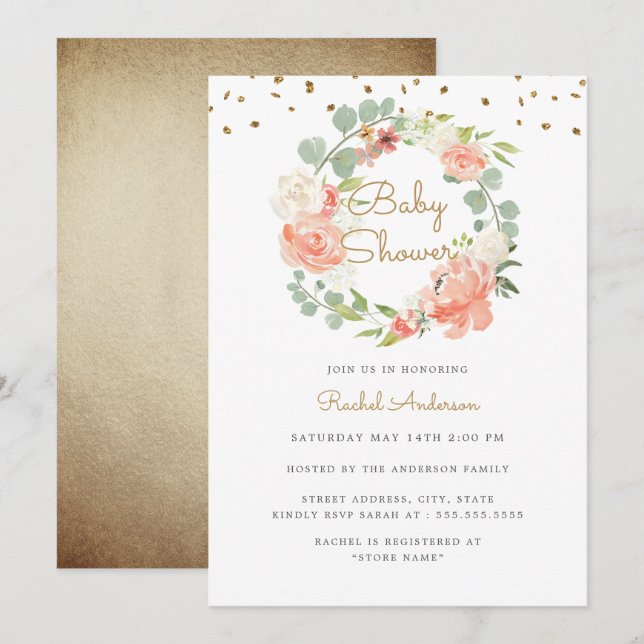 Invitation Baby shower de couronne d'or Sparkle Peach (Devant / Derrière)