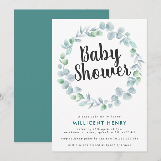 Invitation Baby shower de couronne Ethérée Eucalyptus (Devant / Derrière)