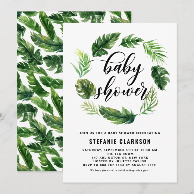 Invitation Baby shower de couronne Feuille tropicale aquarell (Devant / Derrière)