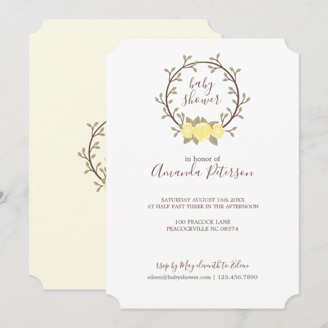 Invitation Baby shower de couronne fleurie jaune mignon (Devant / Derrière)