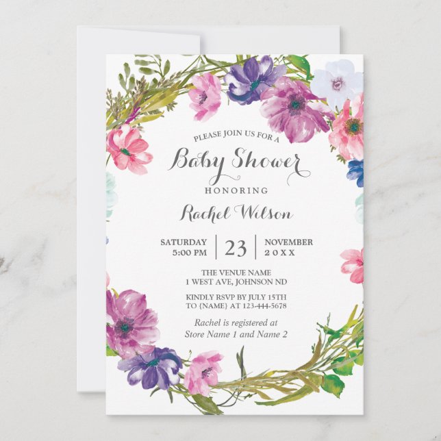 Invitation Baby shower de couronne rose violet (Devant)