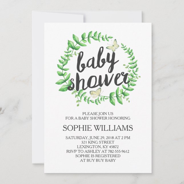 Invitation Baby shower de couronne verte à papillon jaune (Devant)
