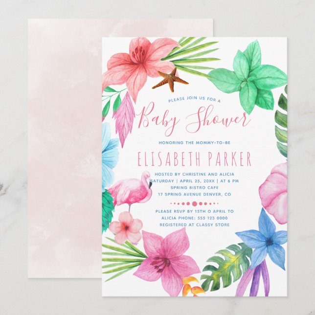 Invitation Baby shower de couronnes à fleurs rose tropicale h (Devant / Derrière)