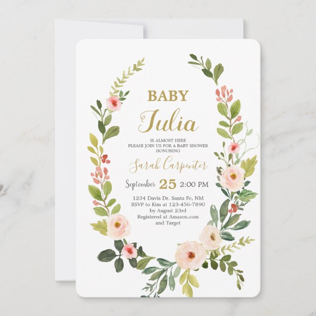 Invitation Baby shower de couronnes d'aquarelle rose pâle (Devant)