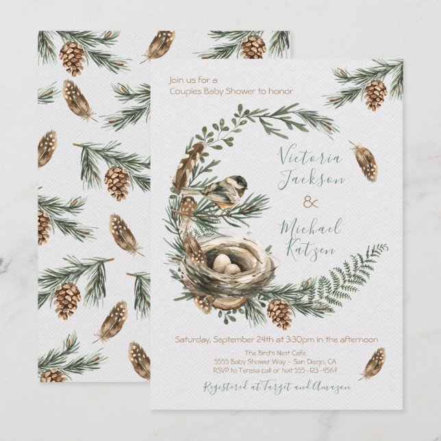 Invitation Baby shower de couronnes de nid d'oiseaux de l'Aqu (Devant / Derrière)