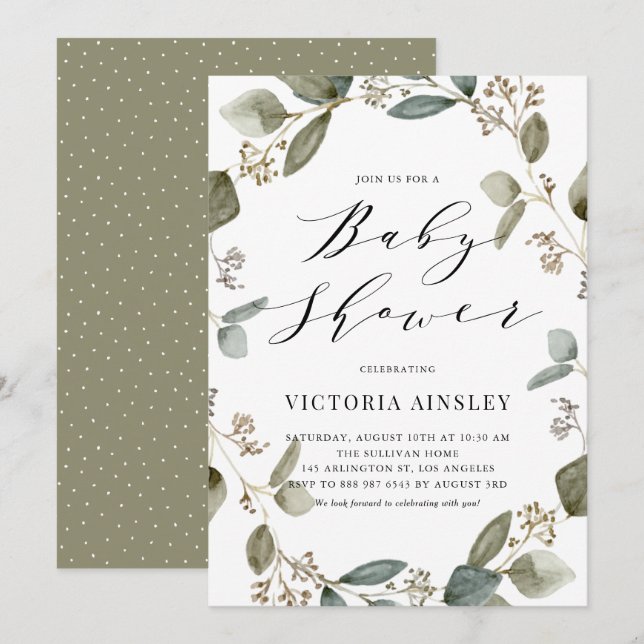 Invitation Baby shower de couronnes d'Eucalyptus à aquarelle (Devant / Derrière)