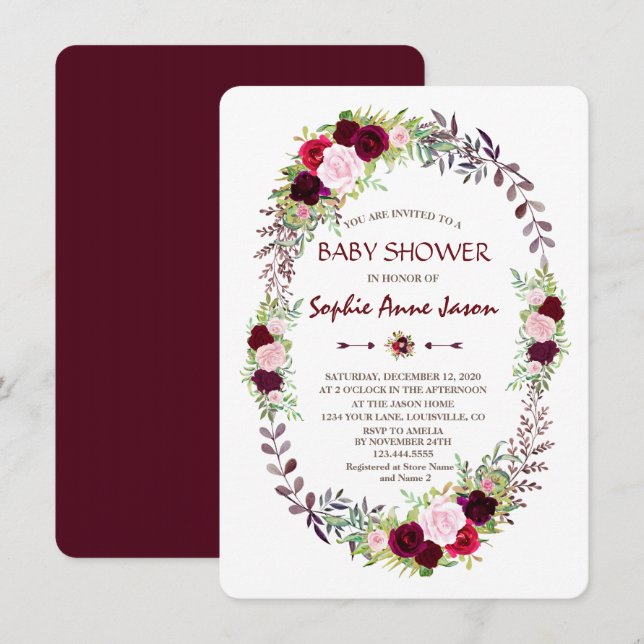 Invitation Baby shower de couronnes florales du Marsala de Bo (Devant / Derrière)