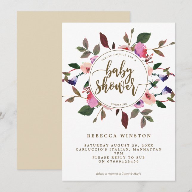 Invitation baby shower de couronnes florales rose violet invi (Devant / Derrière)