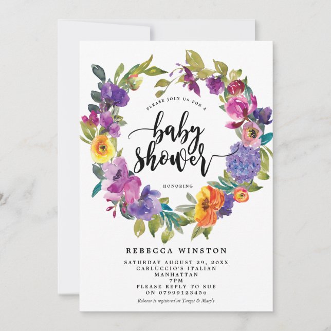 Invitation baby shower de couronnes florales violettes orange (Devant)