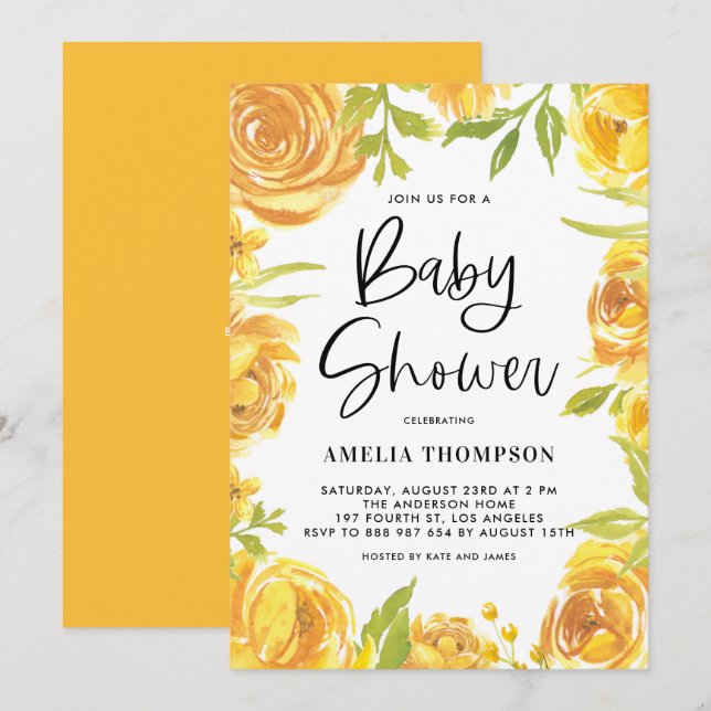 Invitation Baby shower de couronnes jaunes et de fleurs Roses (Devant / Derrière)