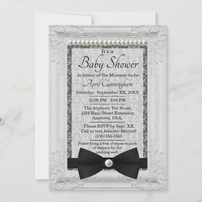 Invitation Baby shower de Cravate Damask Pearls et Bow (Devant)
