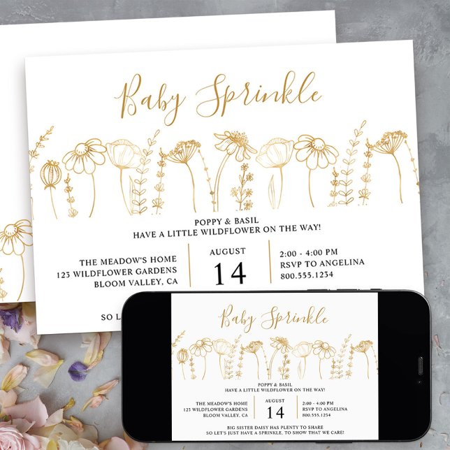 Invitation Baby shower de croquis d'or Fleur sauvage pour béb (little wildflower sprinkle invitation in gold and white - message me to create additional templates)