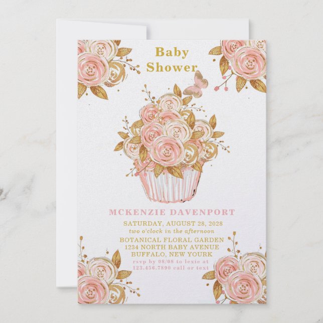Invitation Baby shower de cupcake floral rose et or (Devant)