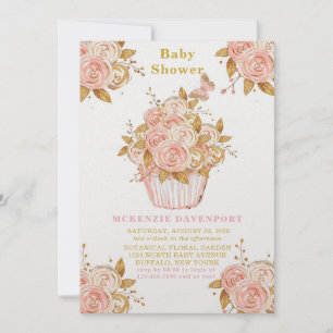 Invitation Baby shower de cupcake floral rose et or