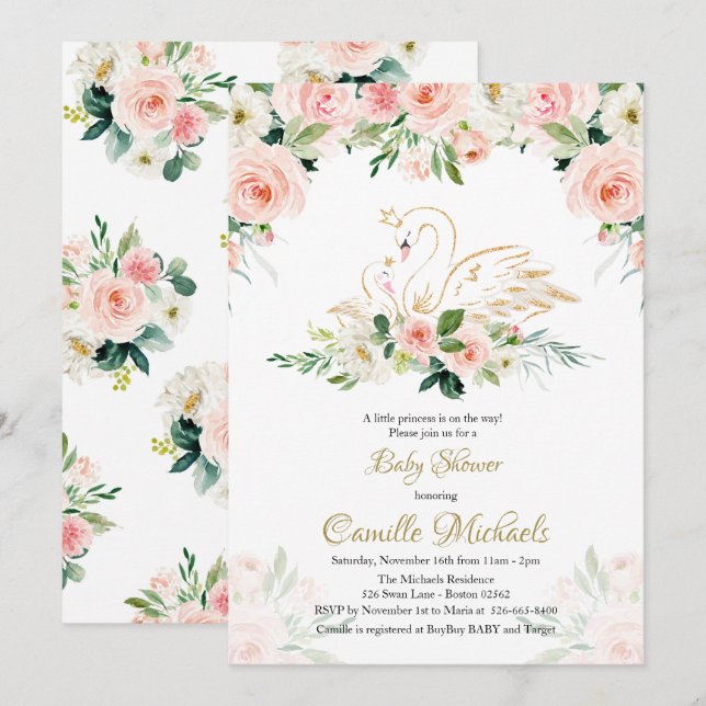 Invitation Baby shower de cygne (Devant / Derrière)