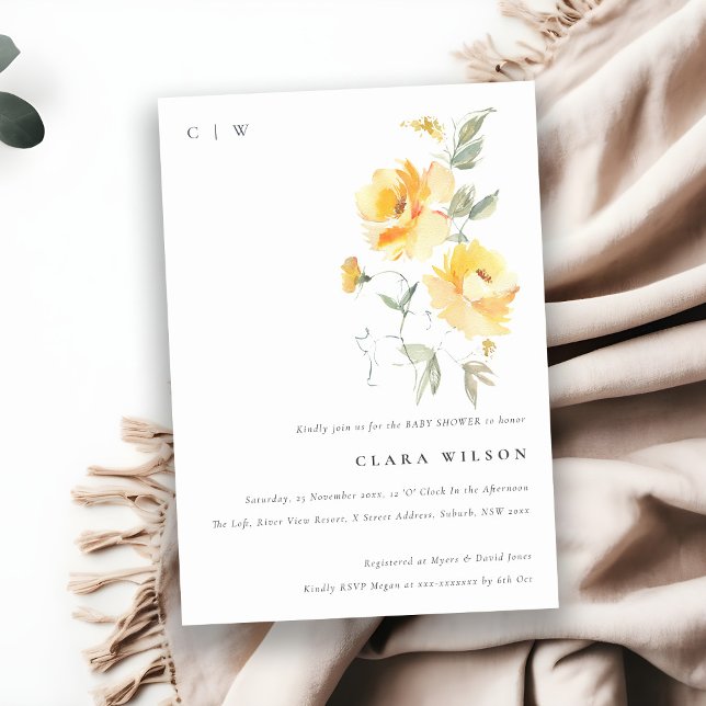 Invitation Baby shower de  de  à fleurs Rose d'aquarelle jaun (Créateur téléchargé)