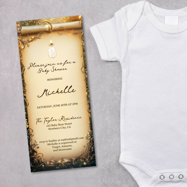 Invitation Baby shower de défilement de forêt enchantée en gr (enchanted forest with baby bottle, gold and green baby shower scroll invitation)