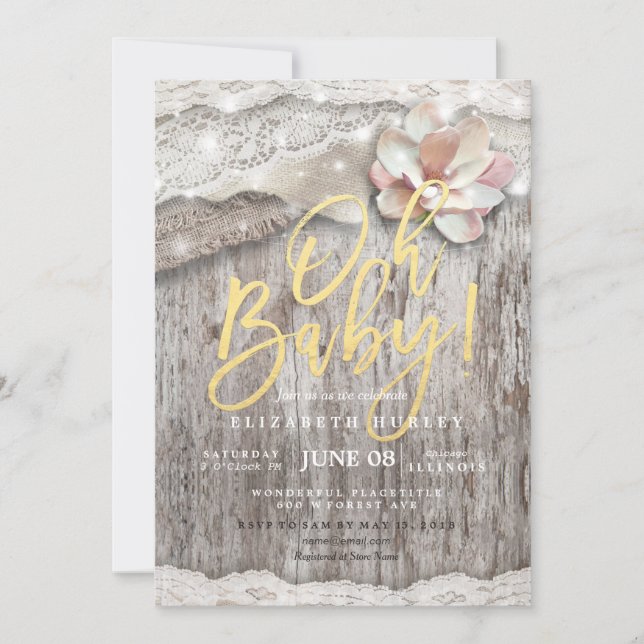 Invitation Baby shower de dentelle en bois rustique (Devant)