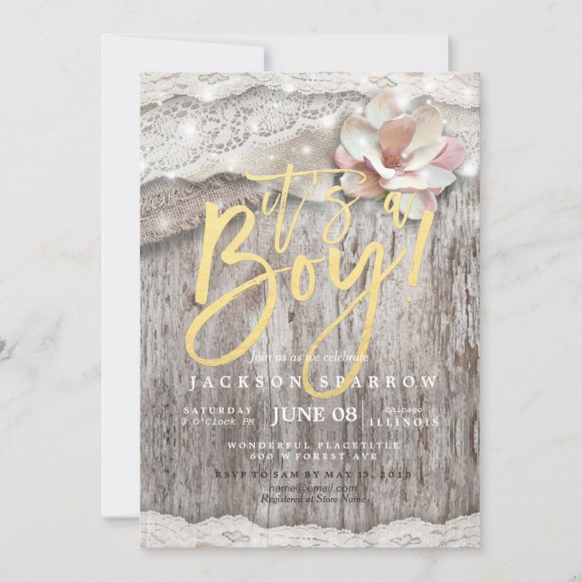 Invitation Baby shower de dentelle en bois rustique (Devant)