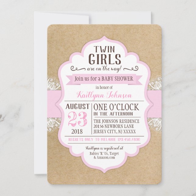 Invitation Baby shower de dentelle rose en papier Kraft (Devant)