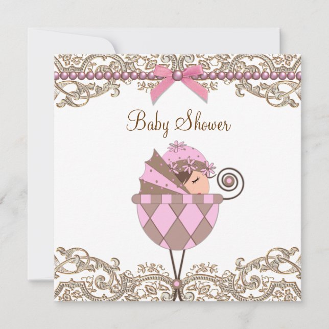 Invitation Baby shower de dentelle rose perles Brown (Devant)