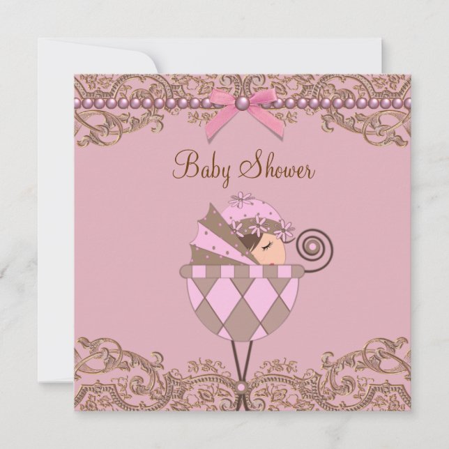 Invitation Baby shower de dentelle rose perles Brown (Devant)