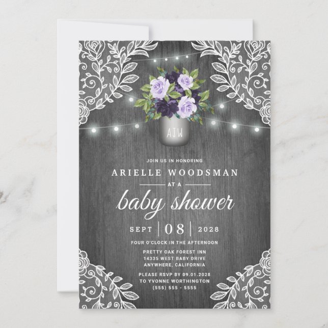 Invitation Baby shower de dentelle rouge gris gris argenté (Devant)