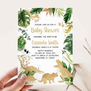 Invitation Baby shower de dinosaure d'or