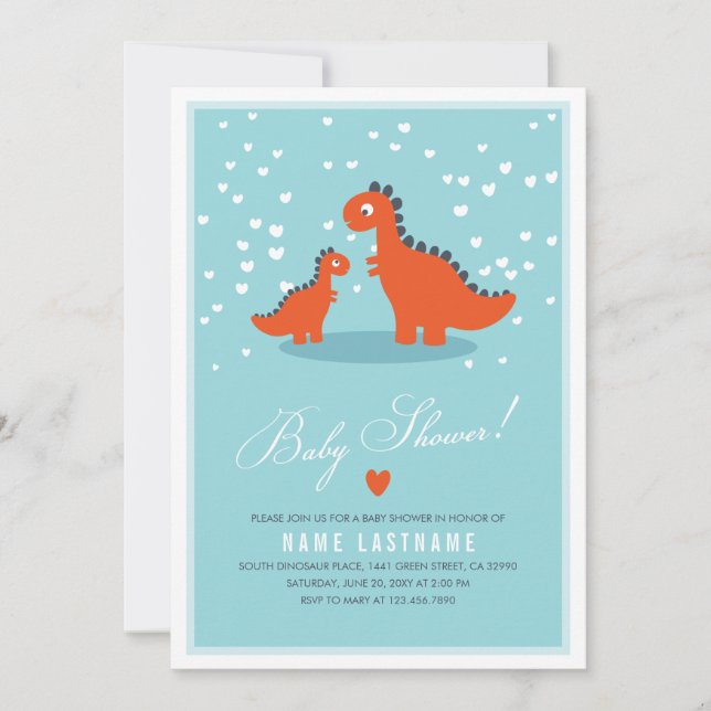 Invitation Baby shower de dinosaure orange bleu mo (Devant)