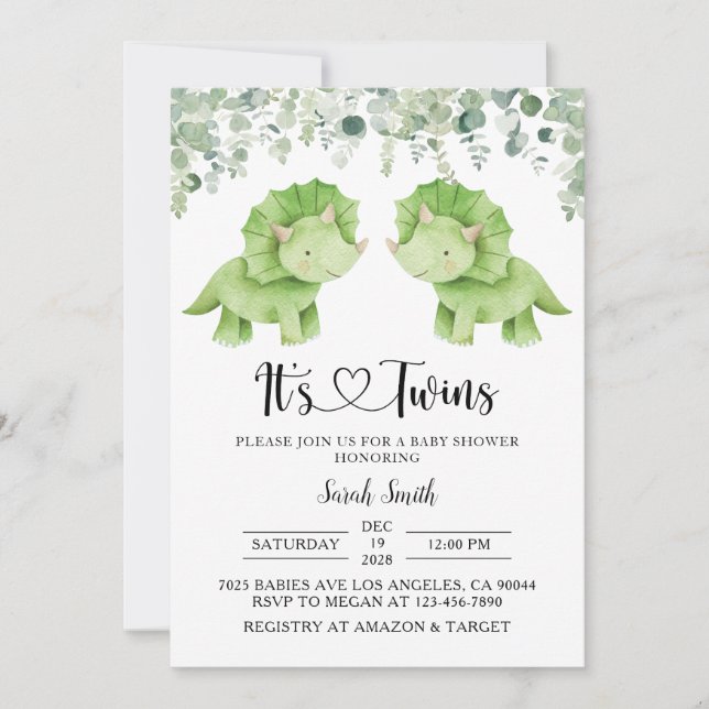 Invitation Baby shower de Dinosaures jumeaux (Devant)