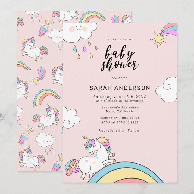 Invitation Baby shower de doodle Unicorn mignon (Devant / Derrière)