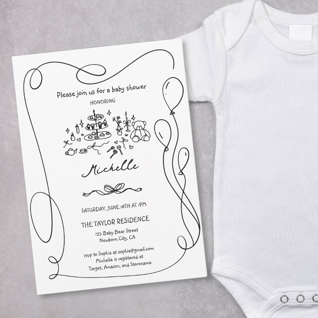 Invitation Baby shower de doodle unique à main lunaire (Cute Whimsical Hand Drawn Bear Baby Boy Shower Invitation with balloons frame)