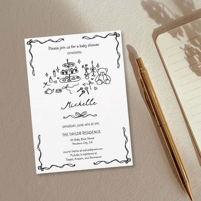 Invitation Baby shower de doodle unique à main lunaire (cute whimsical hand drawn doodle for baby shower invitation with cake, cookies, teddy bear, tea...)