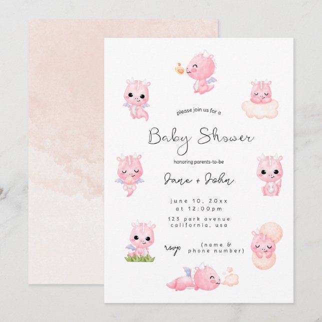 Invitation Baby shower de dragon rose (Devant / Derrière)