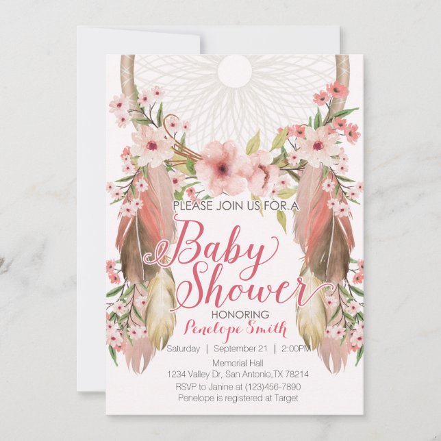 Invitation Baby shower de Dreamcatcher Floral Rose (Devant)