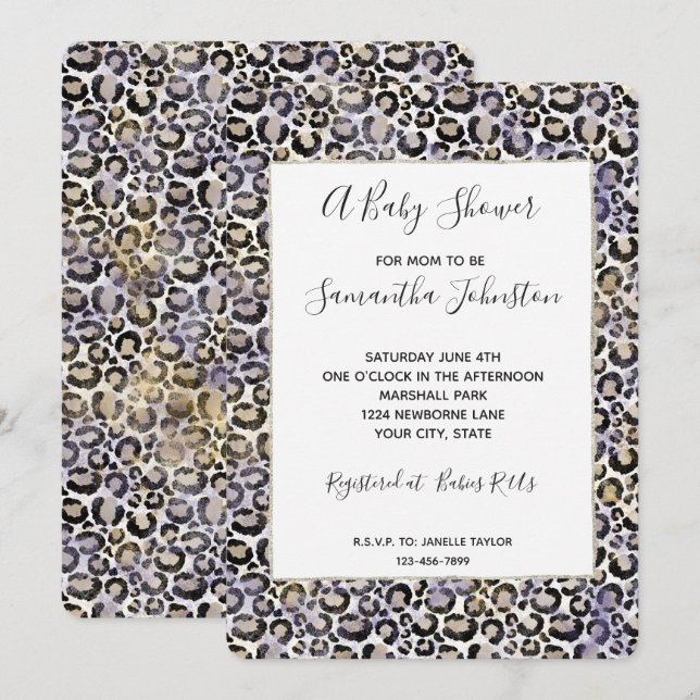 Invitation Baby shower de Empreinte de léopard d'or pourpre (Devant / Derrière)