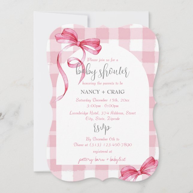 Invitation Baby shower de En vichy de boîte rose MODIFIABLE (Devant)
