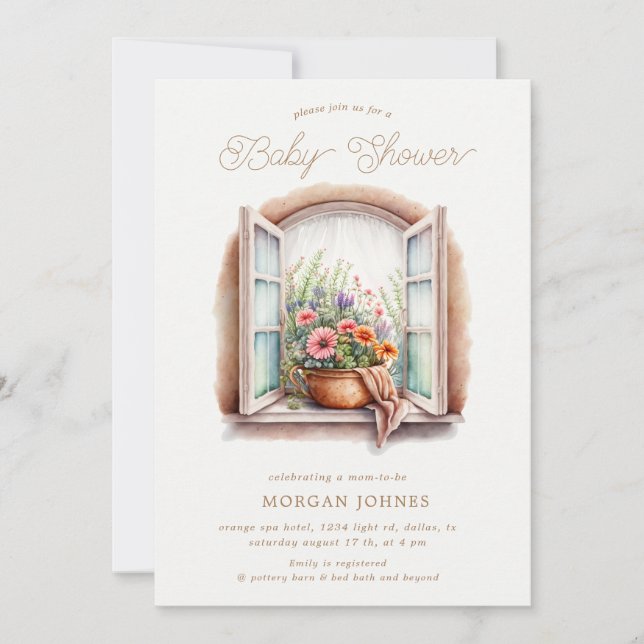 Invitation Baby shower de fenêtre fleurie aquarelle (Devant)