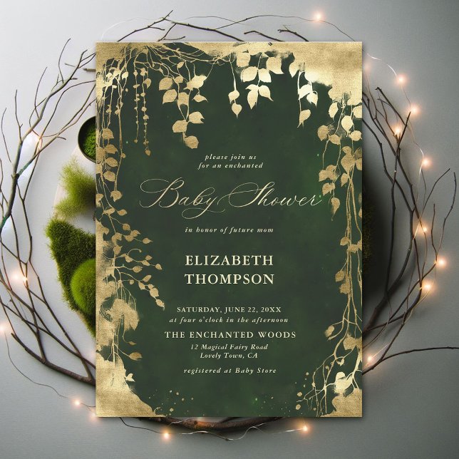 Invitation Baby shower de feuillage Enchanted Forest Gold Fra (Enchanted Forest Hunter Green Greenery Frame Modern Calligraphy Neutral Baby Shower Invitation)