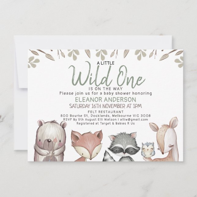 Invitation Baby shower de feuillage sauvage des animaux de fo (Devant)