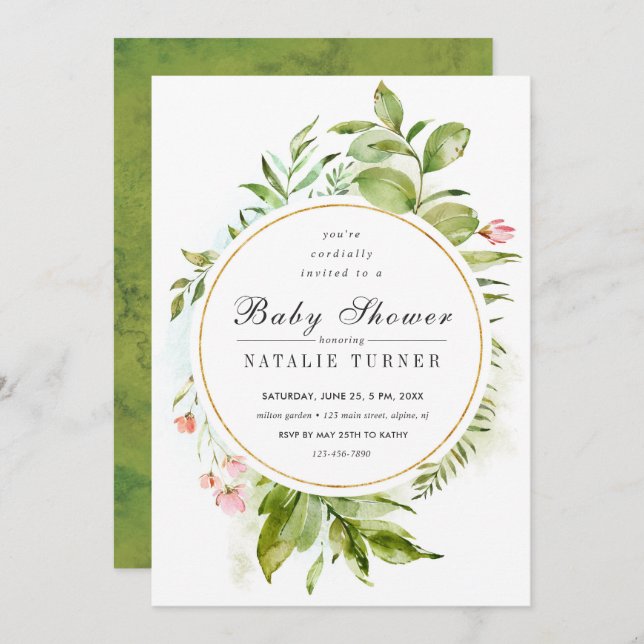 Invitation Baby shower de feuillage vert floral (Devant / Derrière)