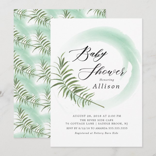 Invitation Baby shower de feuille de fern aquarell (Devant / Derrière)