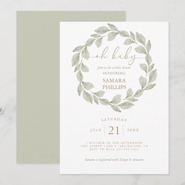 Invitation Baby shower de feuille d'eucalyptus neutre pour le (Devant / Derrière)