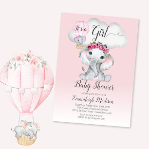 Invitation Baby shower de fille à ballons éléphants   Roses r