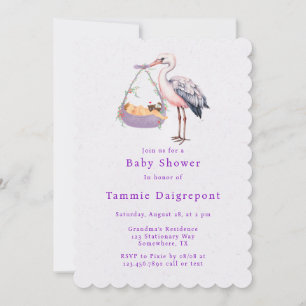 Invitation Baby shower de fille à cigogne blanche violette