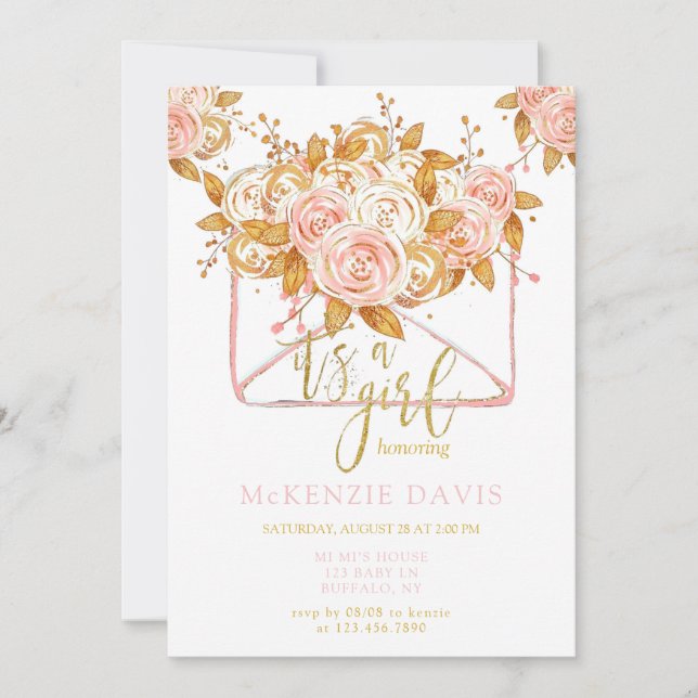 Invitation Baby shower de fille à enveloppe florale de pivoin (Devant)