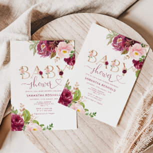 Invitation Baby shower de fille à fleurs bordeaux automne