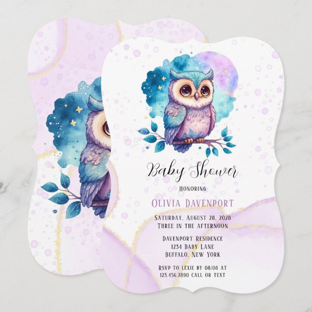 Invitation Baby shower de fille à l'aquarelle de chouette (Devant / Derrière)
